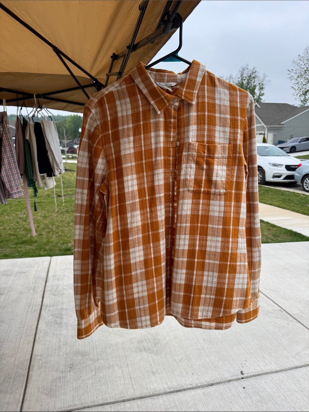 Women’s Plaid Flannel Button-Up Shirt - Rust & White